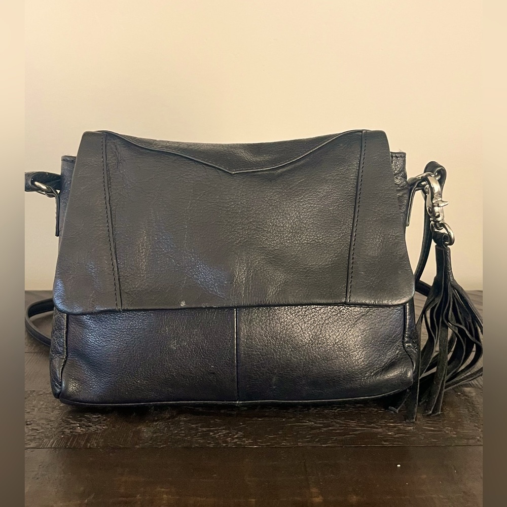 Black Leather Crossbody Bag with Tassel